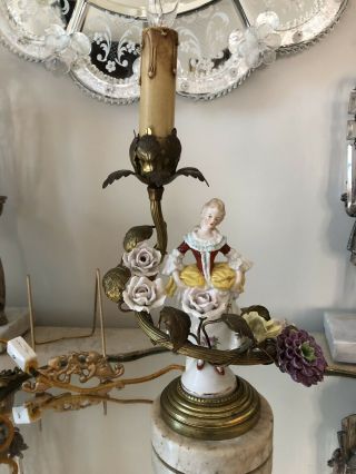 Antique Gilt Metal Candelholder Lamp w Porcelain LADY Figurine & Flowers 2