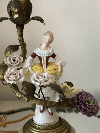 Antique Gilt Metal Candelholder Lamp w Porcelain LADY Figurine & Flowers 3