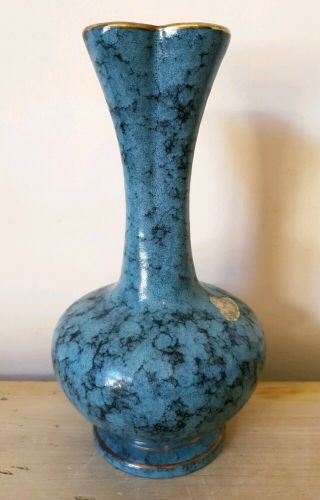 Vintage BAY KERAMIK German Vase Blue Black Glaze Gold Detail Label 539 - 20 70 ' s 2