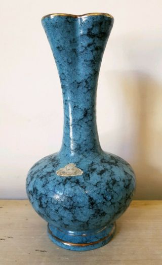 Vintage BAY KERAMIK German Vase Blue Black Glaze Gold Detail Label 539 - 20 70 ' s 3