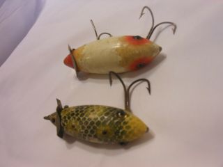 2 Vintage Heddon Dowagiac Crab Wiggler Wood Glass Eye Fishing Lure