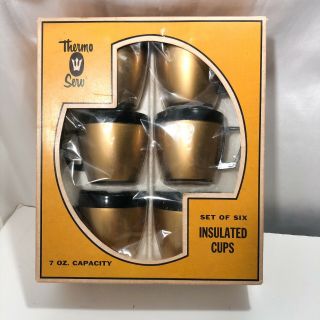 Thermo Serv Insulated Cups Gold Black Set Of 6 Vtg Mid Century Modern
