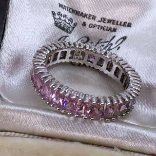 Vintage Jewellery Deco Rose Pink Crystal Sterling Silver Band Ring Size O