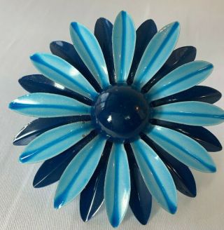 Vintage Large Flower Enamel Blue Daisy Brooch Pin