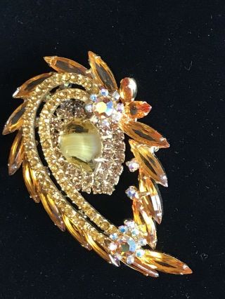 High End Vintage Jewelry Large Amber Crystal /rhinestones Brooch Pin Rhinestone