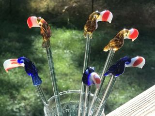 Vintage Blown Glass Swizzle Sticks Cocktail Stirrers Tucan Birds Cobalt Blue (6)