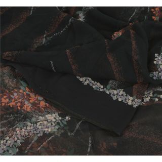Sanskriti Vintage Black Saree Pure Chiffon Silk Printed Sari Craft Soft Fabric