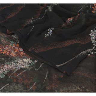 Sanskriti Vintage Black Saree Pure Chiffon Silk Printed Sari Craft Soft Fabric 2