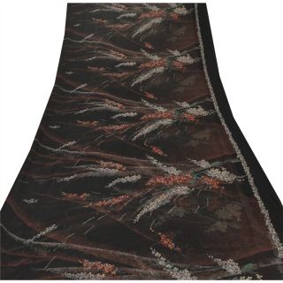 Sanskriti Vintage Black Saree Pure Chiffon Silk Printed Sari Craft Soft Fabric 3