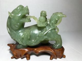 Chinese Carved Jade Green Hardstone Foo Dog Lion With Wooden Base - Fu Dog