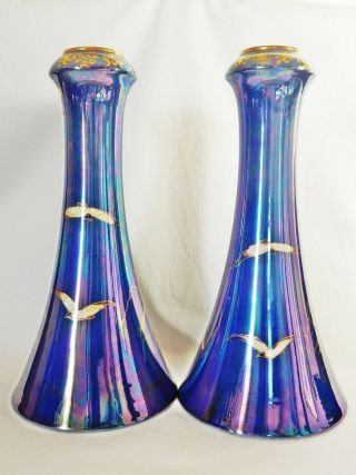Antique Art Deco 1929 Pair Crown Devon Lustrine Tall Vases St George Blue Lustre 2