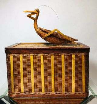 Vintage Chinese Praying Mantis Trinket Jewelry Dresser Sewing Box Wood Basket