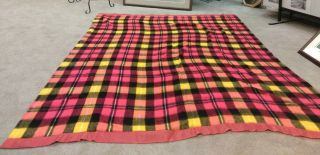 Vintage 60s Acrylic/wool Blend Hunter Flannel Plaid Blanket 70x87 " Red Yellow