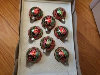 8 Vintage Glass Christmas Ornaments Gold Red Green Glitter 2 Inch Dia.