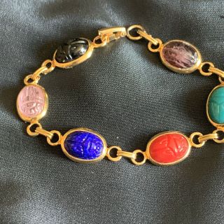 Vintage Glass Scarab Bracelet Gold Tone And Glass Scarab Egyptian Style 7.  25”