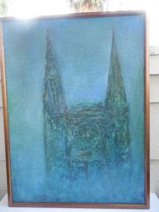 Vintage Mid Century Modern Blue Cathedral Oil Painting On Canvas Signed