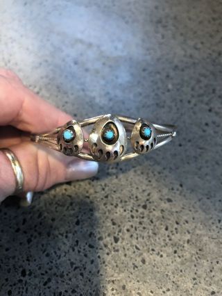 Vintage Navajo Sterling Silver Turquoise Bear Claw Shadow Box Cuff Bracelet