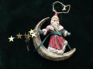 Vintage Christmas Tree Ornament Pam Schifferl Santa Claus Rides On Crescent Moon