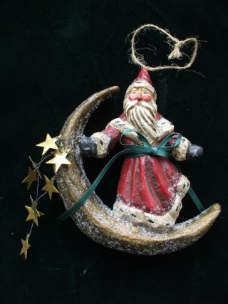 Vintage Christmas Tree Ornament Pam Schifferl Santa Claus Rides on Crescent Moon 2