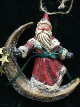 Vintage Christmas Tree Ornament Pam Schifferl Santa Claus Rides on Crescent Moon 3