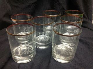 Set Of 7 Vintage Merrill Lynch Etched Bull Logo Glasses With Gold Rim Rare