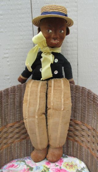 Vintage Norah Wellings Velveteen Black Boy Doll 22 " Straw Hat