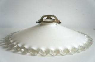 Vintage French White Glass Light Shade,  Brass Gallery Pie Crust Lamp 25 Cm Dia
