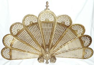 Vintage Brass Peacock/phoenix Folding Fan Fire Screen Antique Fireplace Gargoyle