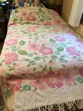 Vintage White Chenille Pink & Green Floral Pattern Bedspread 80 X 105 D