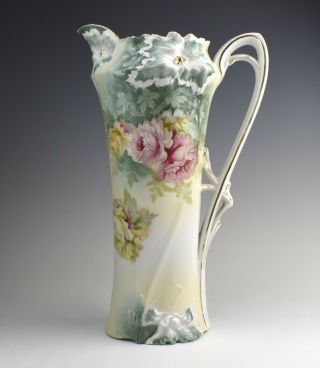13” Antique Rs Prussia Floral Porcelain Pitcher Vase - My - 3