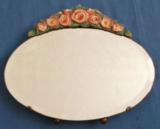 Vintage Barbola Dressing Table Oval Mirror Easel Stand Pink Flowers Art Deco