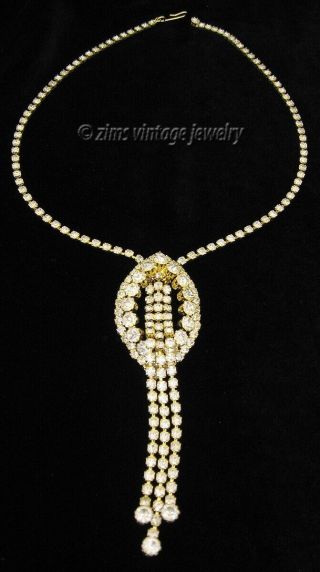 Vintage D&e Juliana Gold Clear Rhinestone Long Fringe Tassel Pendant Necklace