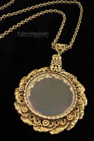Vintage Large Gold Floral Filigree Magnifying Glass Pendant Long Chain Necklace