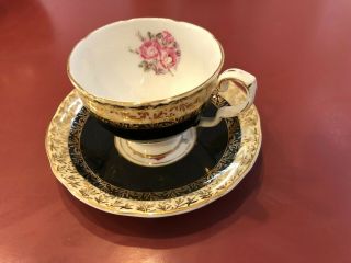 Royal Stafford Vintage English Bone China Cup Saucer,  Black,  Gold Trim,  Roses
