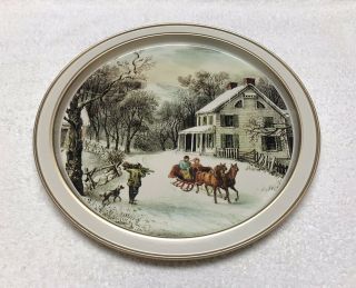 The American Homestead Winter Currier And Ives Tin Tray 11.  75 " Round Vintage