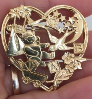 Vintage Gold Tone Heart Baby Shower Pin Brooch With A Stroller,  Bear,  Abc Blocks