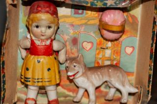 Antique 3 Pc Set Little Red Riding Hood Wolf W Box Bisque Doll Figurine Japan