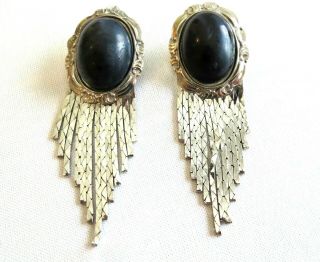 Vtg Art Deco Clip Earrings Black Cabochon Flapper Style Dangle Chains Silver