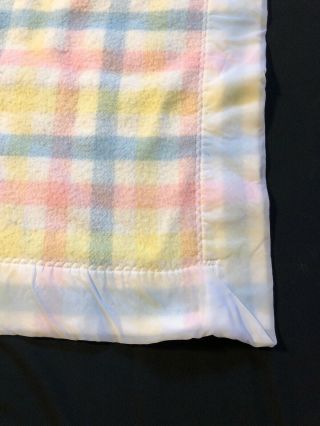 Quiltex Nylon Vintage Baby Blanket Pink Yellow Blue White Plaid Binding