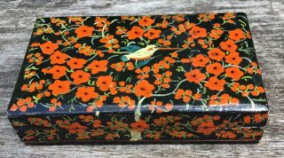 Small Old Vintage Black Lacquered Trinket Box With Bird & Blossom Design
