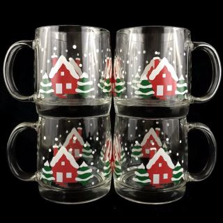 Set Of 4 Vtg Glass Mugs Luminarc Christmas Cabin Winter Scene Heavy Bottom Usa