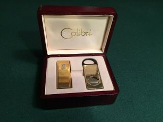 Vintage Colibri Lighter And Cigar Cutter In Wood Case Polished Brass