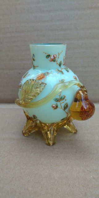 Antique Moser Loetz Art Glass Vase Hand Painted Enamel Bug & Bird Flowers