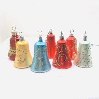 Vintage Hand Blown Glass Christmas Ornaments Bells Blue Gold Red