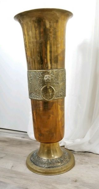 Vintage Solid Brass Umbrella Stand Holder Vase Asian