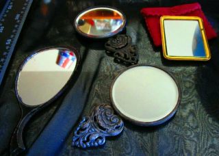 4 Vintage Hand Held Mirrors 2 /silver Plated 1 Plastic 1 Cloisonne / Bag