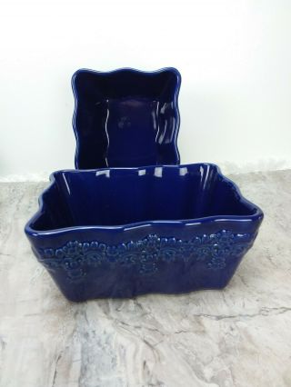 2 Piece Cobolt Blue Vtg Temp - Tations Set Oven To Table Country Lace Bakeware