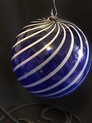 Vintage Colbalt Blue Art Glass Hand Blown Striped Christmas Orb Ornament