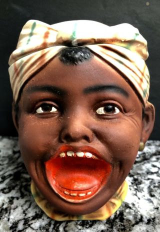 Vintage Black Americana Tobacco Jar Laughing Black Woman’s Head Bandana Bisque