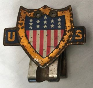 Vintage Wwii 1940 U.  S.  Flag Shield License Plate Topper.  Patriotic Rare